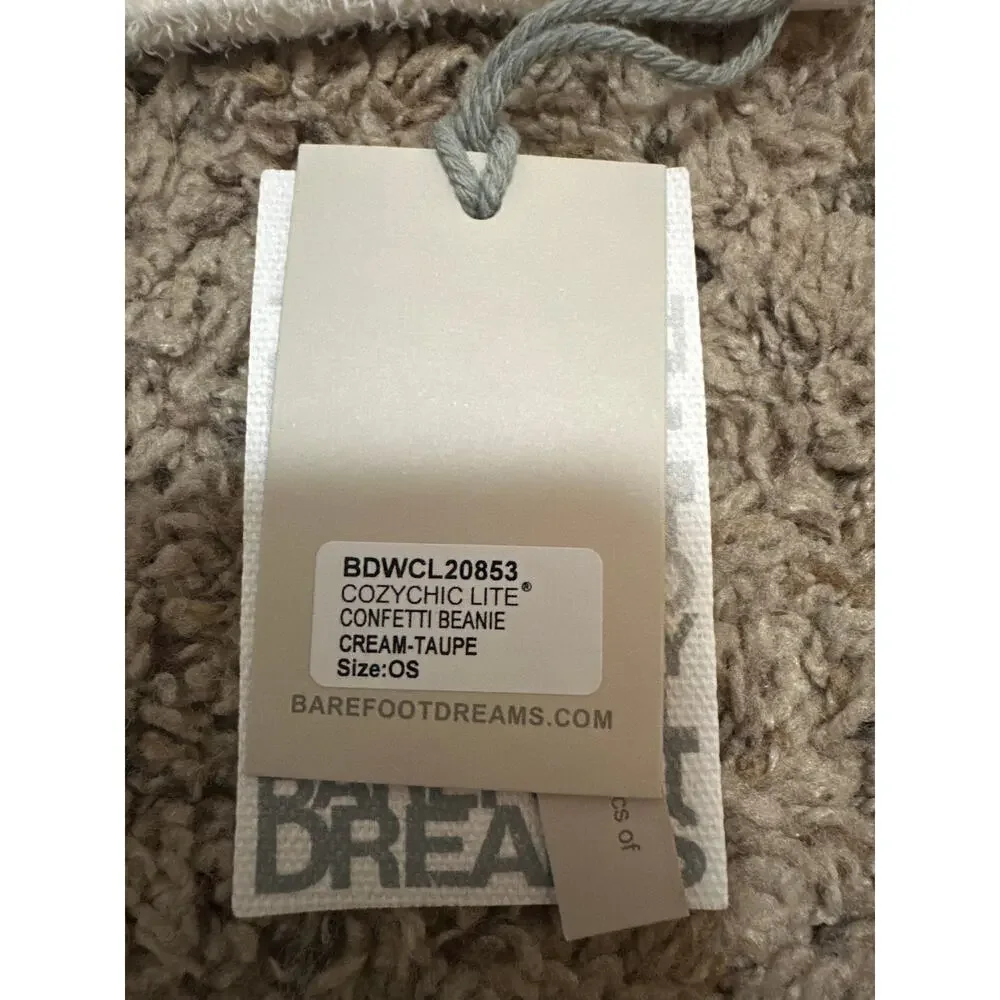 Barefoot Dreams CozyChic Lite Confetti Beanie Hat Cream Taupe Ribbed Slouchy NWT